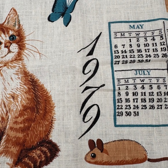 VTG 1979 Kay Dee Calendar Tea Towel Linen Kittens Mice Butterfly Fish Bowl - Picture 4 of 9